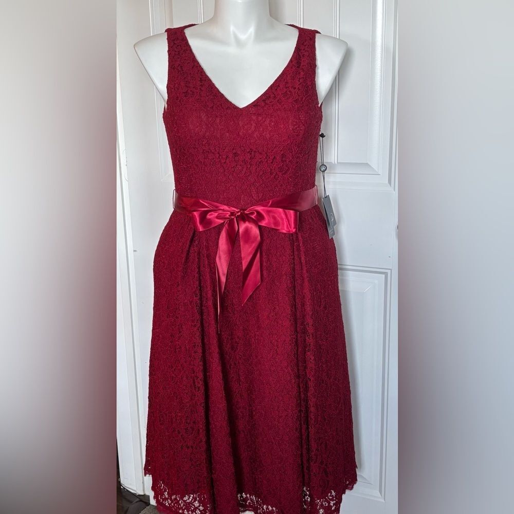 NWT Adrianna Papell Crimson V Neck Lace Dress with Satin Belt